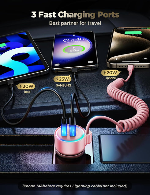 60W USB C Car Charger, Fast Charge PD&QC3.0 with 30W Type C 5ft Coiled Cable for iPhone 15 Pro Max, Samsung S24