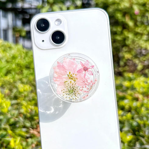 Pressed Pink Flowers Phone Grip,Handmade Dried Flowers Clear Phone Stand, Expanding Cell Phone Charms Accessory, Interchangeable Kickstand, Collapsible Handle Grip Holder for Kindle