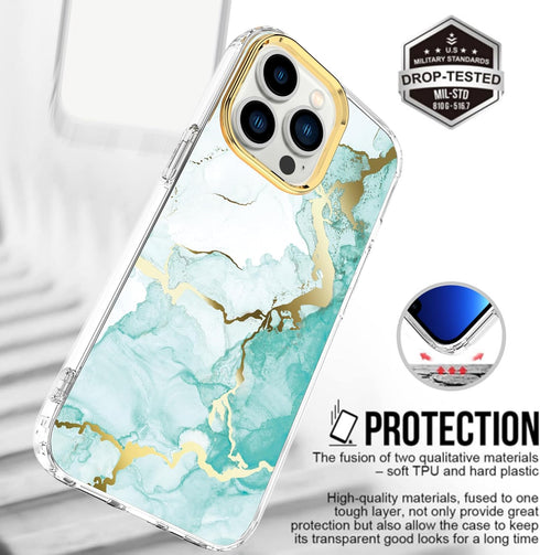 BAISRKE iPhone 15 Pro Clear Case (6.1") - Slim Shockproof Green Marble, includes 2 Screen Protectors & 1 Camera Lens