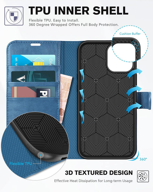 TUCCH Wallet Case for iPhone 12 Pro/12 5G, Lake Blue, TPU Shockproof Inner Shell, RFID Blocking, Card Holder