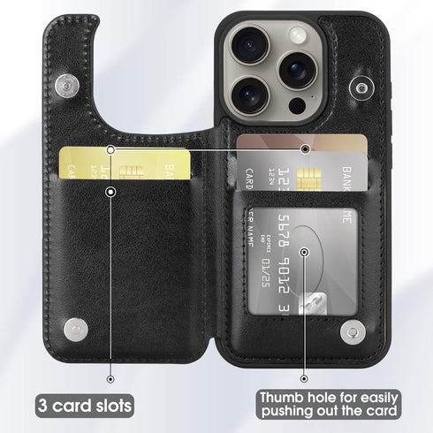 Arae Wallet Case with Card Holder for iPhone 15 Pro - Compatible for iPhone 15 Pro 6.1 inch, Black PU Leather Back Flip