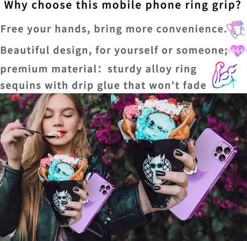 Bling Glitter Phone Grip, Cat Cell Phone Ring Holder Stand Purple for Women Girls, Compatible with Smartphone, Tablet, E-Reader, Etc (PU) (Cat PU)