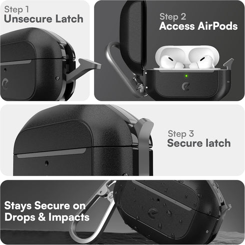 KeyBudz Waterproof AirPods Pro Case with Lock, Rugged Tough Protection for 2nd Generation with Carabiner, Carbon Black