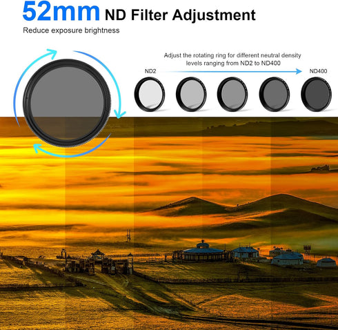 PULUZ 52mm UV+ND2-400 Lens Filter, Adjustable Neutral Density Filter for GoPro Hero11 / Hero11 Black Mini / HERO10 /