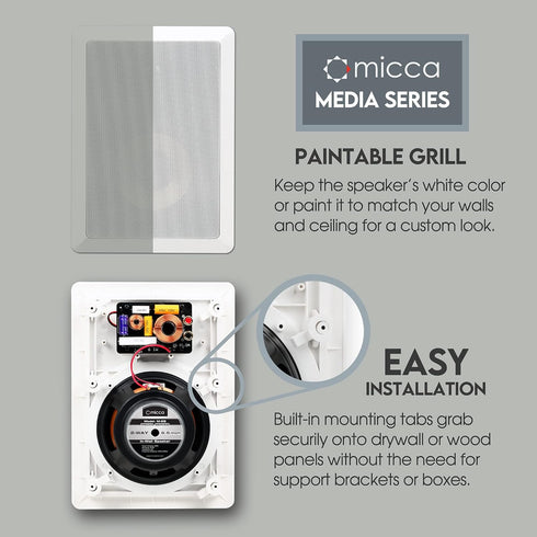 Micca M-6S 2-Way in-Wall Speaker, 6.5" Woofer, 1" Tweeter, 7.3"(W) by 10.7"(H) Cutout, White