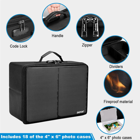 ENGPOW Photo Storage Box with 18 Inner 4" x 6" Photo Case, Fireproof Organizer Box with Lock, Collapsible Portable