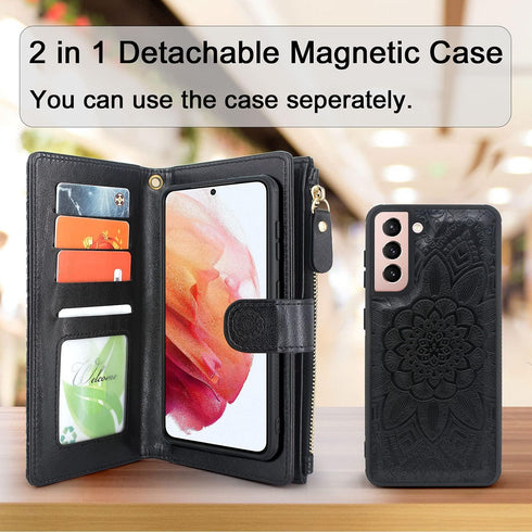 Harryshell Floral Leather Case Wallet with Detachable Magnetic Zipper, Cash Pocket, 12 Card Slots, Wrist Strap for
