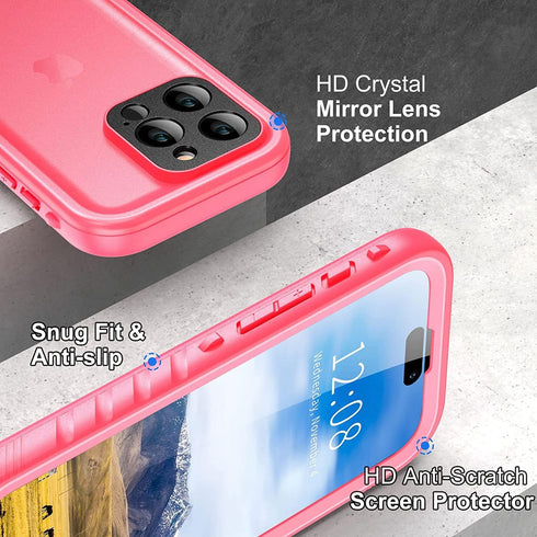 SPORTLINK Waterproof Case for iPhone 13 Pro - Full Body Shockproof Dustproof IP68 with Built-in Screen Protector, Pink