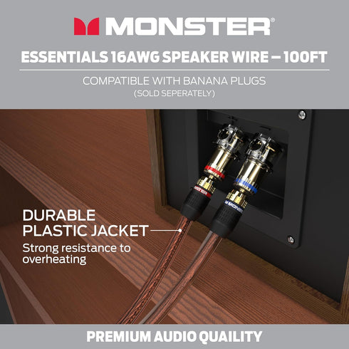Monster Essentials High Performance Speaker Wire, 16 Gauge Copper Clad Aluminum (CCA), 100 FT Spool