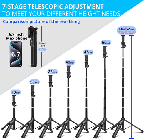 BZE 62 inches Extendable Selfie Stick Tripod with Wireless Remote & Phone Holder, Portable Aluminum Stand