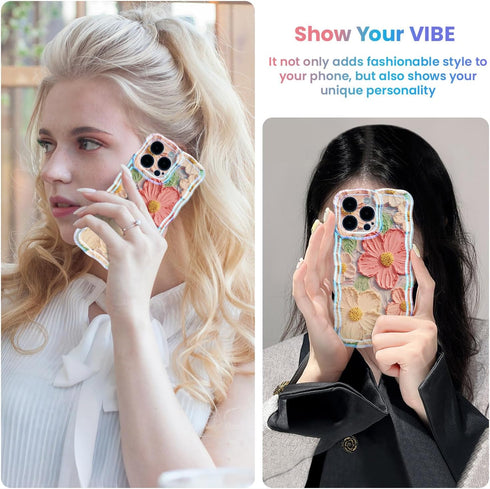 UEEBAI Colorful Retro Oil Painting Flower Case for iPhone 14 Pro Max, Cute Sparkly Floral Curly Cover (Orange Yellow)