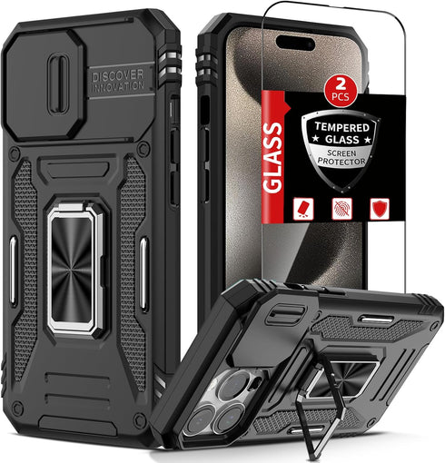 iPhone 15 Pro Kickstand Case with Slide Camera Cover & 360° Ring Stand, plus 2 Tempered Glass Screen Protectors, Black.