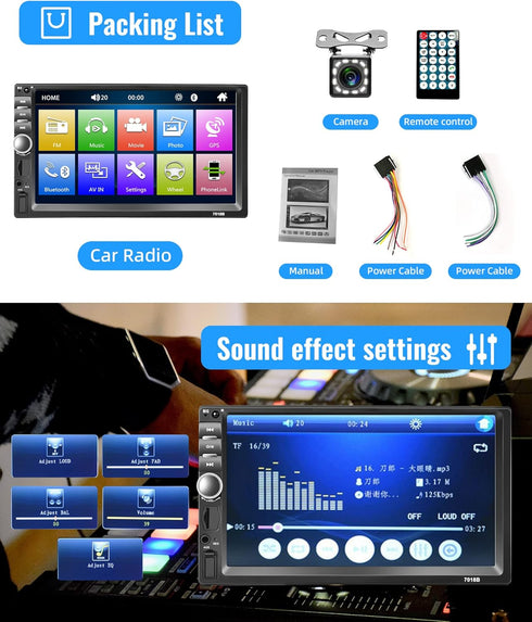 Rimoody 7 Inch Car Stereo Double Din Radio, Bluetooth Handsfree, Touch Screen, USB SD FM Multimedia with Backup Camera