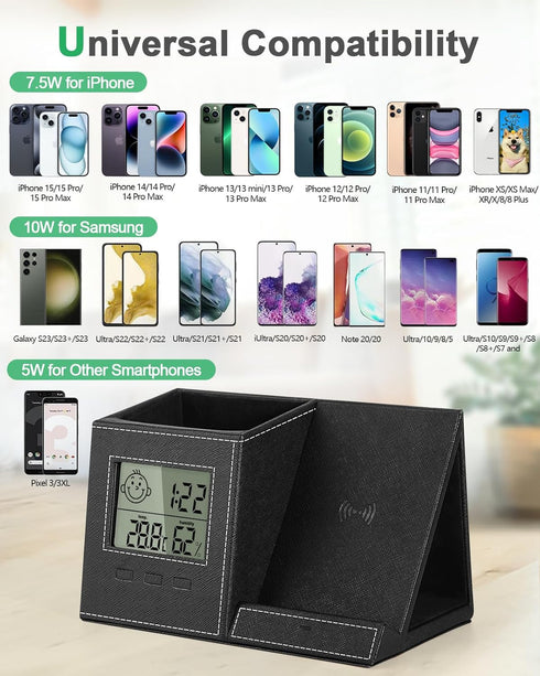 Pen Holder for Desk, Multi-Functional Organizer with Wireless Charger, Indoor Thermometer, Home Office Supplies