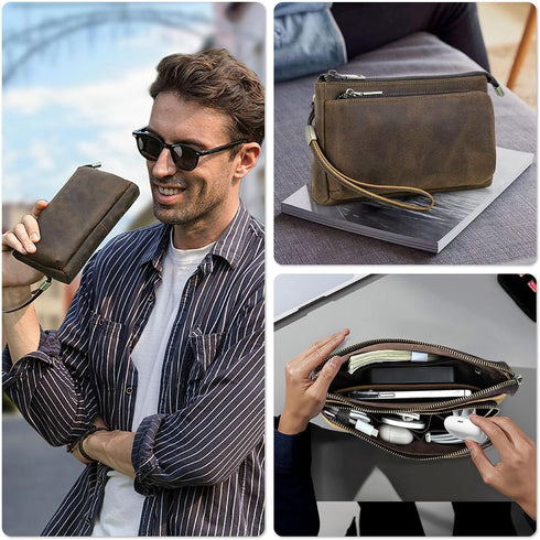 Portable Compact Travel Tech Kit, Electronic Organizer Zipper Bag, Handmade Top Grain Leather Pouch Fits Phone, USB