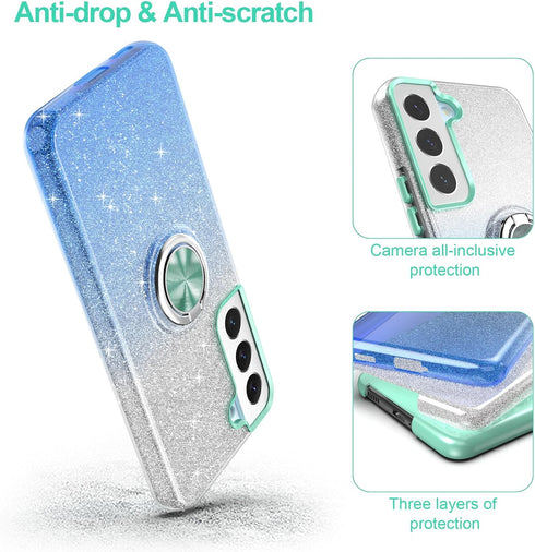Slim Fit Glitter Case for Galaxy S23 6.1", with 360° Ring Holder Kickstand, Shock-Absorbent Durable Cover for Girls