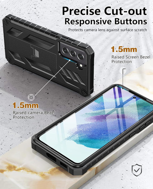 Samsung Galaxy S21-FE Protective Case: Dual-Layer Military Grade Drop Proof Cover with Kickstand | Rugged Shockproof