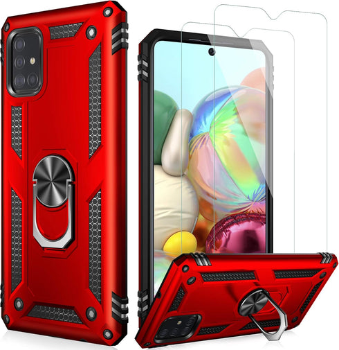 LUMARKE Galaxy A51 4G Case with Screen Protector, Military Grade Protective Phone Cover with Magnetic Ring Kickstand Red