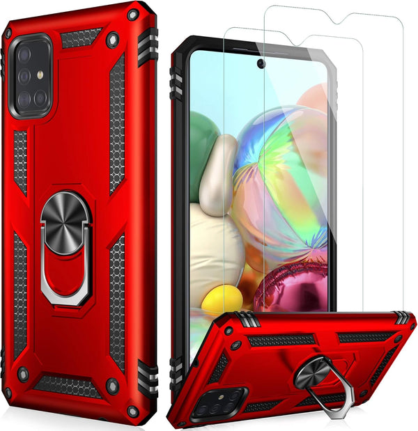 LUMARKE Galaxy A51 4G Case with Screen Protector, Military Grade Protective Phone Cover with Magnetic Ring Kickstand Red