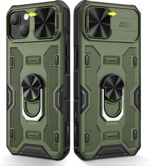 Caka Case for iPhone 14 Plus - Camera Cover & Kickstand, 360° Rotate Ring Stand, Green