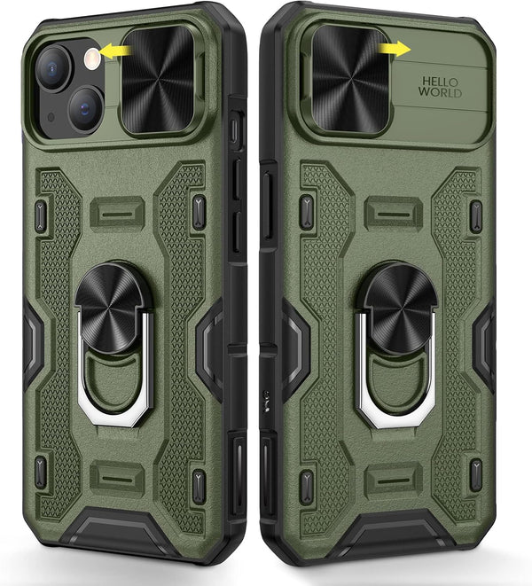 Caka Case for iPhone 14 Plus - Camera Cover & Kickstand, 360° Rotate Ring Stand, Green