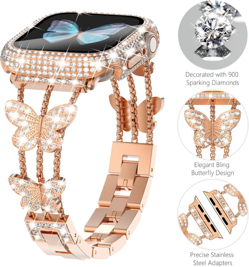 Wingle Rose Gold Apple Watch Bands 45mm for Women - iWatch Series 8 7 Butterfly Diamond Bracelet with Bling Screen