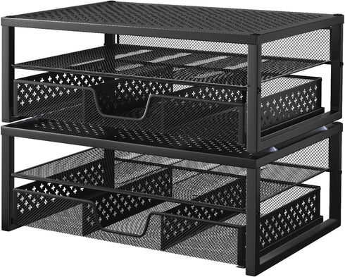 Simple Trending 2 Pack-2 Tier Metal Monitor Riser Stand - Computer Desk Organizer with Drawer, Black