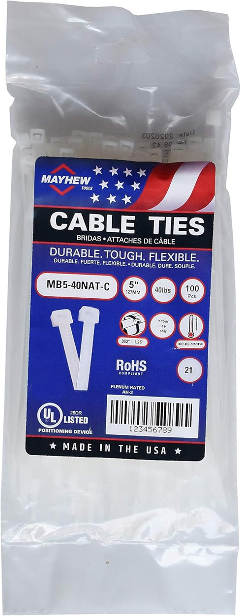 Mayhew Tools MB5-40NAT-C Nylon Cable Ties, Natural, 5-Inch 40-Pound Tensile Strength by Mayhew Tools