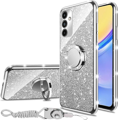 nancheng Galaxy A15 5G Case, Shockproof Protection with Ring Kickstand Lanyard, Cute Soft TPU Glitter Cover for Girls