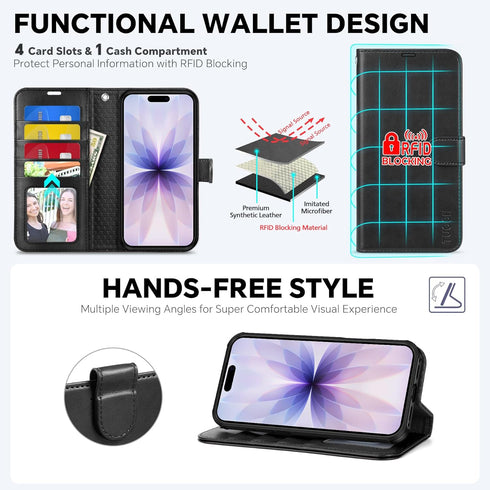 TUCCH 2-in-1 17 (6.3-inch) 2025, 4 Detachable Wallet Case for iPhone Wireless Charging | RFID Blocking Card Holders |