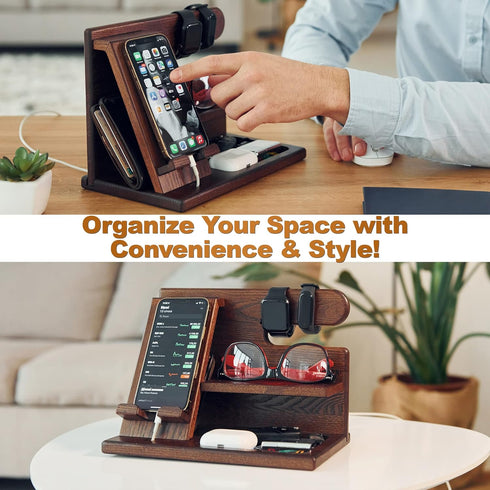 TESLYAR Wood Phone Docking Station for Men - Desktop or Nightstand Organizer - Birthday Gifts for Men, Dad