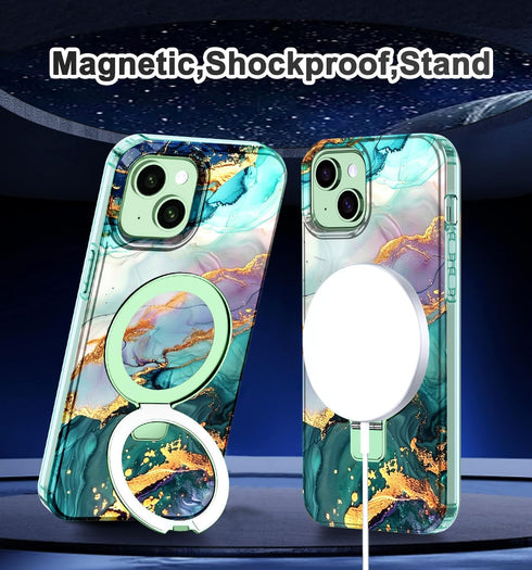 Lamcase iPhone 13/14 Case, Magnetic Invisible Ring Stand, Rugged Slim Shockproof Marble Design, Dark Green