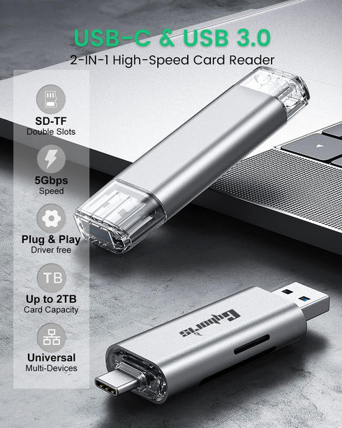 CYBORIS Micro SD Card Reader, USB 3.0 USB-C Memory Card Reader, Aluminum Multi 2-in-1 External SD Card Adapter for Phone Camera PC Laptop Table, Support TF/SD/Micro/SD/SDXC/SDHC/MMC/RS-MMC/UHS-I by CYBORISAUX