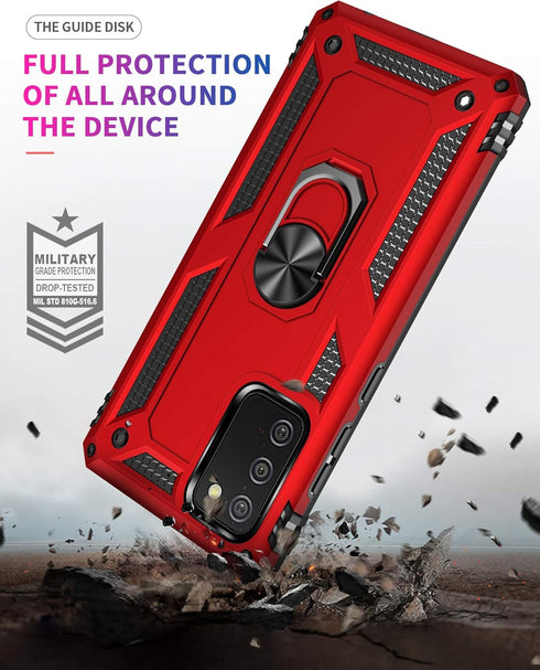Galaxy A02s Case with HD Screen Protector, Military-Grade Ring Kickstand Holder, Shockproof Red Cover