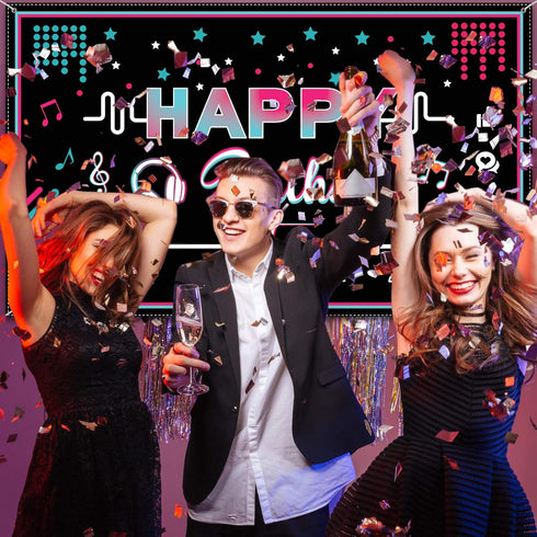 Music Happy Birthday Party Backdrop, Large Fabric Banner for Teens, 73 x 43 Inches