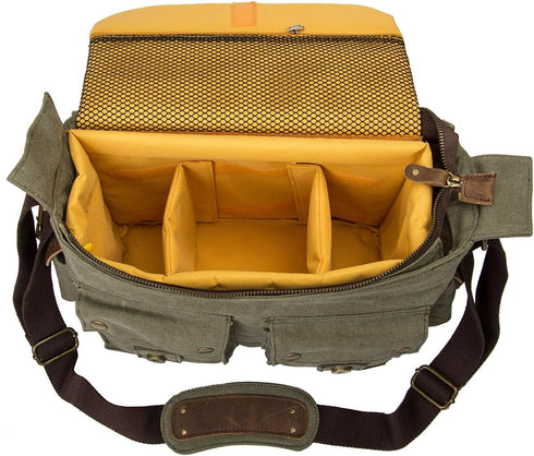 peacechaos Men's Canvas Camera Bag - Leather DSLR SLR Case, Vintage Messenger Sling Bag, Army Green