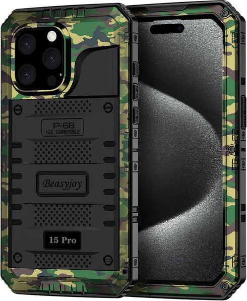 Beasyjoy Waterproof Case for iPhone 15 Pro, Metal Heavy Duty Full Body Protective Case with Built-in Screen Protector,