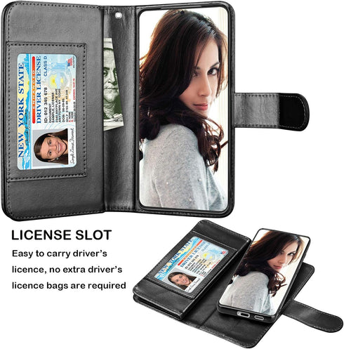 Njjex Wallet Case for Galaxy S21 5G - Black, 9 Card Slots, PU Leather, Detachable Kickstand, Magnetic Cover & Lanyard
