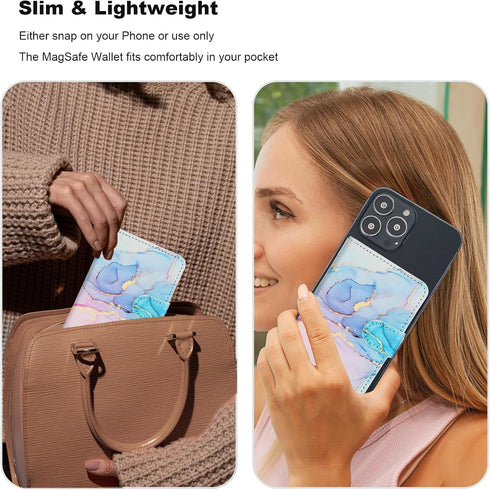 HAOPINSH for MagSafe Wallet Magnetic Card Holder, Pink Blue Marble Pattern Detachable Adjustable Flip Leather Kickstand