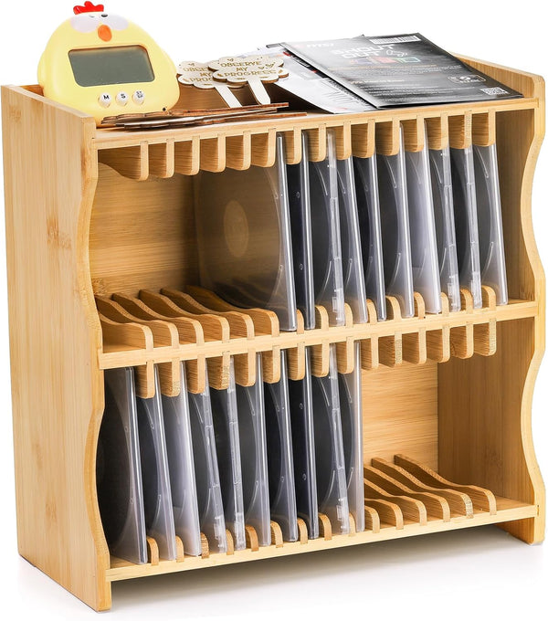 Lyellfe Bamboo CD Holder Rack, DVD Display Shelf for Movie Cases, Holds up to 32 CD Cases