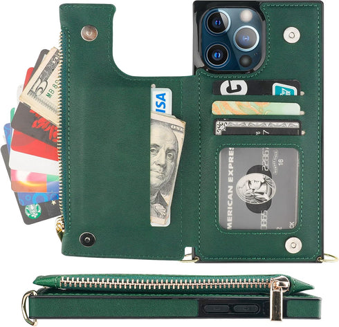 Bocasal Crossbody Wallet Case for iPhone 13 Pro Max, Green PU Leather Zipper Handbag with RFID Blocking Card Slot