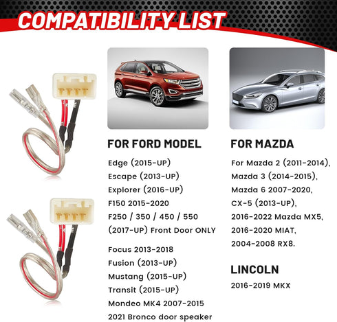 RED WOLF Car Door Speaker Wiring Harness Connector for 2011-2021 Ford F150 Escape Focus Bronco Mustang Mazda 2 6 CX5 Replace Aftermarket Speaker Wire Cable Plug, 2 PCS