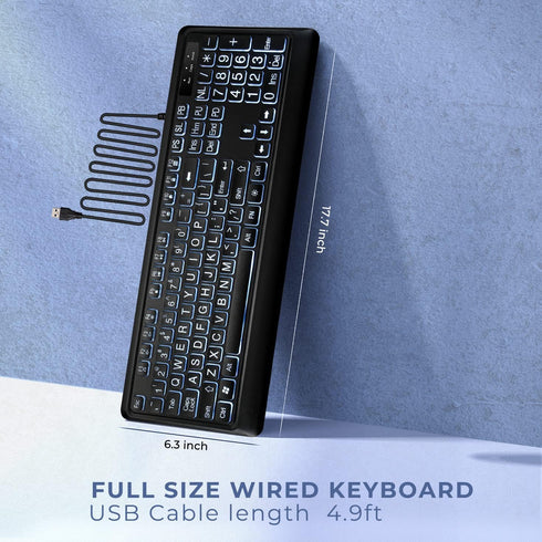 Large Print Backlit Keyboard, Quiet USB Wired Computer Keyboard, Full Size with White Illuminated LED for Windows