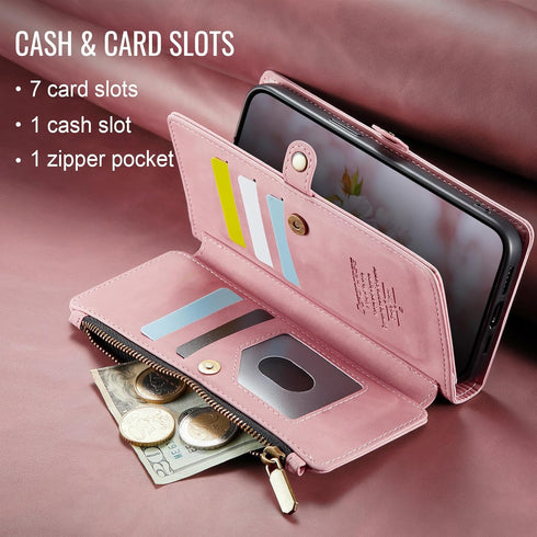 Defencase iPhone 13 Mini Case Wallet, RFID Blocking Card Holder, PU Leather Magnetic Snap Flip Zipper Strap Wallet Rose