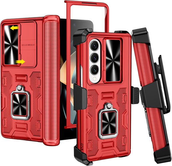 VEGO Case for Galaxy Z Fold 4 with Kickstand, Hinge Protection, Belt Clip Holster, Front Screen Protector, Red