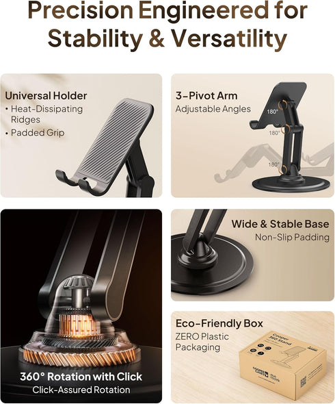 Cooper 360° Stand - Adjustable Cell Phone Stand for Desk, 360° Click-Rotating, Multi-Angle, Non-Slip Metal Base,