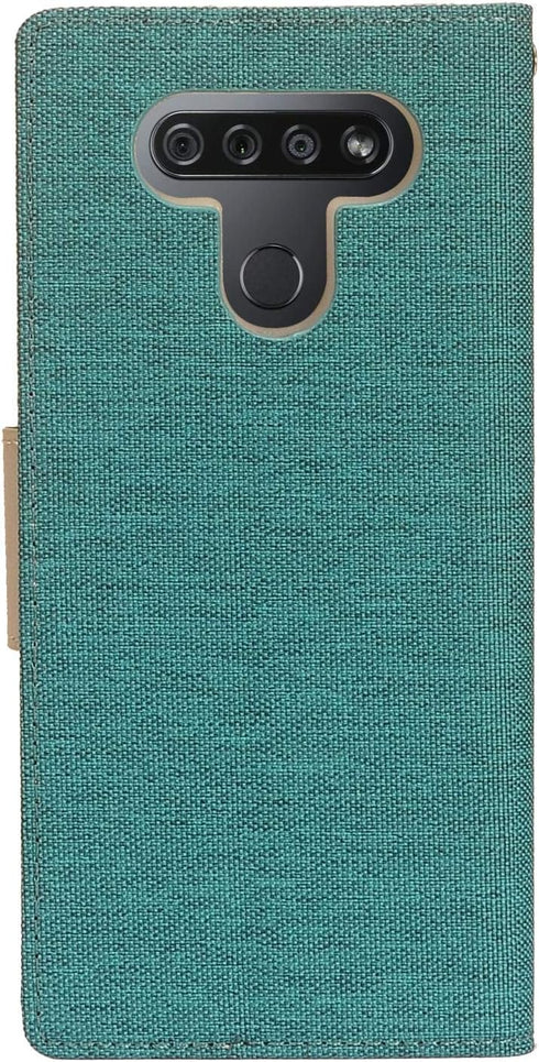 Denim Fabric Wallet Phone Case for LG K51, LG Reflect (LM-K500) - CT5 Gray/Navy Blue