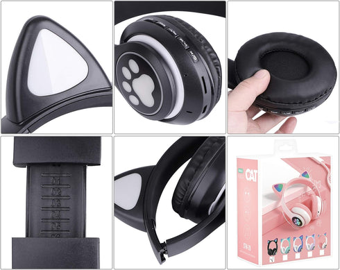 Wireless Cat Ear LED Light Up Bluetooth Headphones, Foldable Over Ear with Microphone for Learning