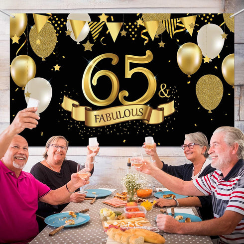 65th Birthday Black Gold Party Decoration, Large Fabric Sign Poster for 65th Anniversary Backdrop Banner, 72.8 x 43.3