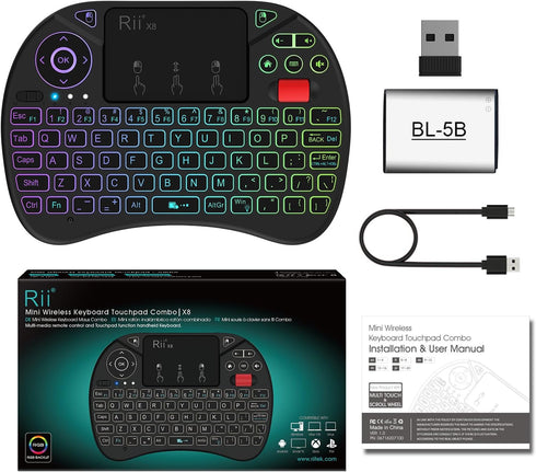 Rii X8 Mini Keyboard, 2.4GHz Portable Wireless Keyboard with Touchpad Mouse, RGB Backlit, Rechargeable for Android TV